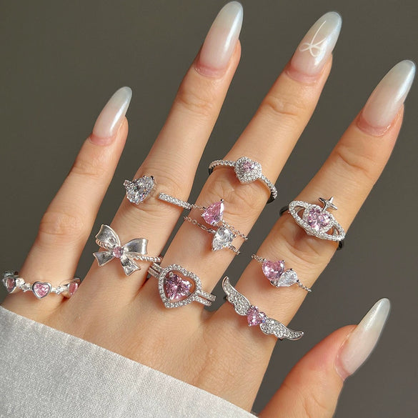 Women's Light Luxury S925 Sterling Silver Ring With Pink Zircon Geometric Crown Heart Flower Bow Wave Ushape Drop Shape Design Electroplated
