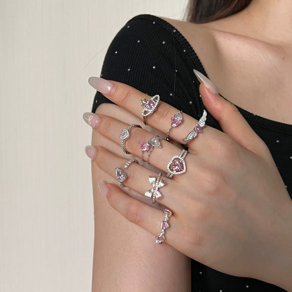 Women's Light Luxury S925 Sterling Silver Ring With Pink Zircon Geometric Crown Heart Flower Bow Wave Ushape Drop Shape Design Electroplated