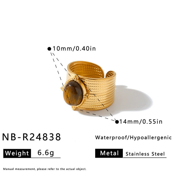 Women's Light Luxury Stainless Steel Adjustable Open Ring With Geometric Shape Natural Stone Look And 18K Vacuum Plated Finish