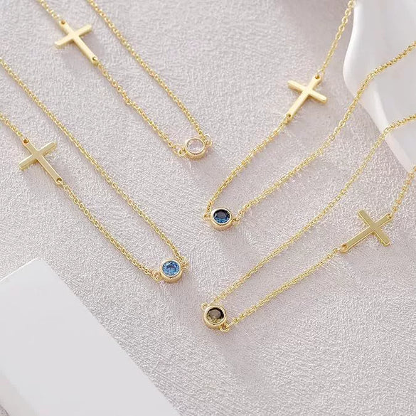Women's Light Luxury Stainless Steel Cross And Birthstone Necklace With Geometric U Shaped Pendant And O Shaped Chain Electroplated Jewelry