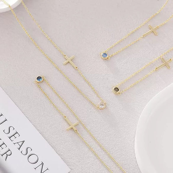 Women's Light Luxury Stainless Steel Cross And Birthstone Necklace With Geometric U Shaped Pendant And O Shaped Chain Electroplated Jewelry