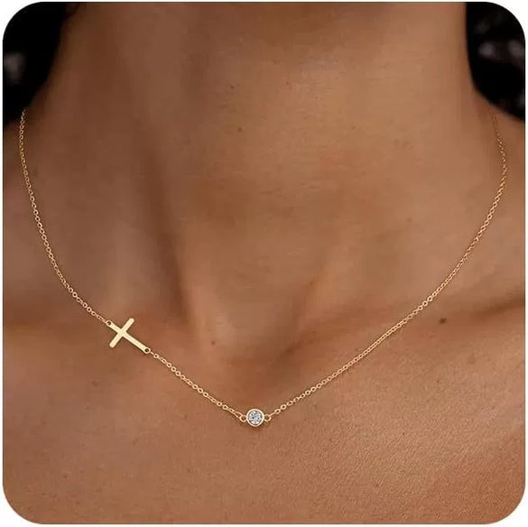 Women's Light Luxury Stainless Steel Cross And Birthstone Necklace With Geometric U Shaped Pendant And O Shaped Chain Electroplated Jewelry