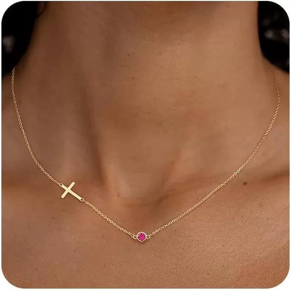 Women's Light Luxury Stainless Steel Cross And Birthstone Necklace With Geometric U Shaped Pendant And O Shaped Chain Electroplated Jewelry