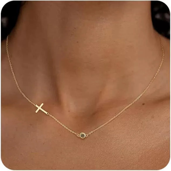 Women's Light Luxury Stainless Steel Cross And Birthstone Necklace With Geometric U Shaped Pendant And O Shaped Chain Electroplated Jewelry