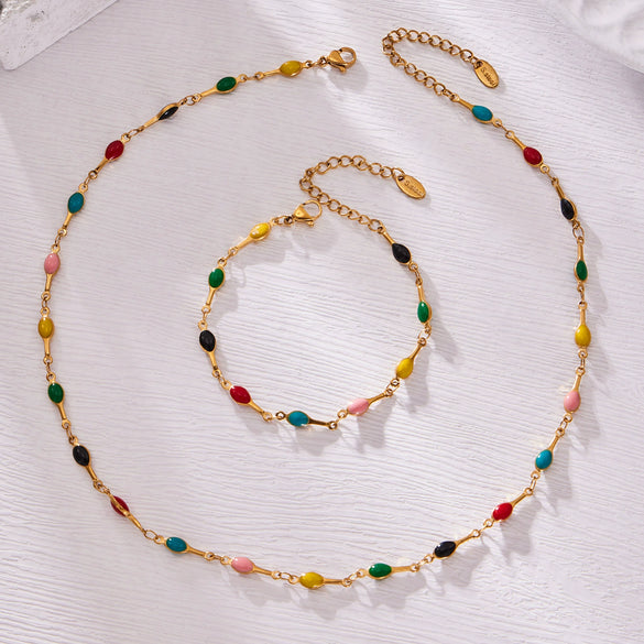 Women's Light Luxury Stainless Steel Electroplated Dopamine Colorblocking Clavicle Necklace And Bracelet Set