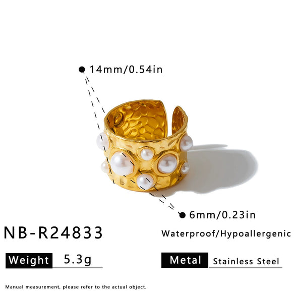 Women's Light Luxury Stainless Steel Geometric Ring With Natural Stone And Pearl Accent 18K Vacuum Plated Non Fading Jewelry