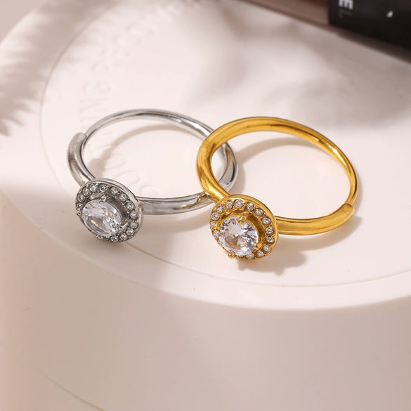 Women's Light Luxury 316L Stainless Steel Geometric Side Opening Electroplated Zircon Flash Finger Ring Jewelry Accessories