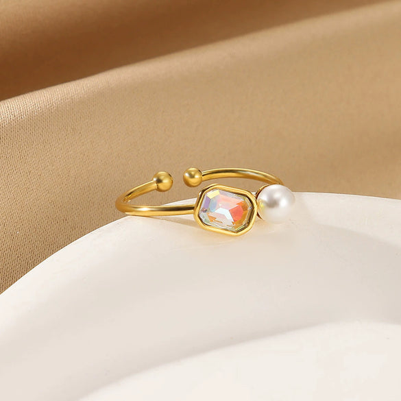 Women's Light Luxury Stainless Steel Imitation Pearl Geometric Ring Set With Diamonds