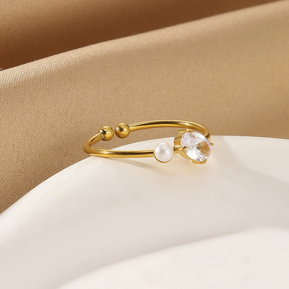 Women's Light Luxury Stainless Steel Imitation Pearl Geometric Ring Set With Diamonds