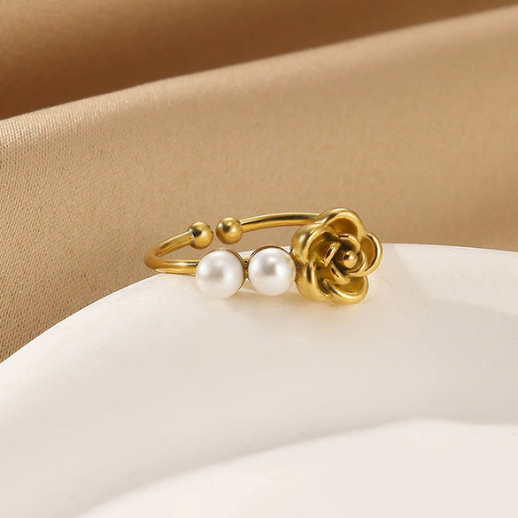 Women's Light Luxury Stainless Steel Imitation Pearl Geometric Ring Set With Diamonds