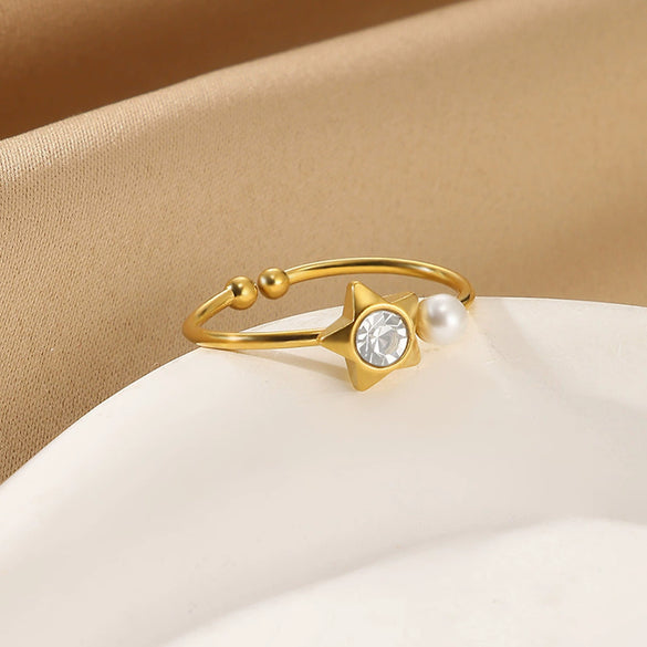 Women's Light Luxury Stainless Steel Imitation Pearl Geometric Ring Set With Diamonds