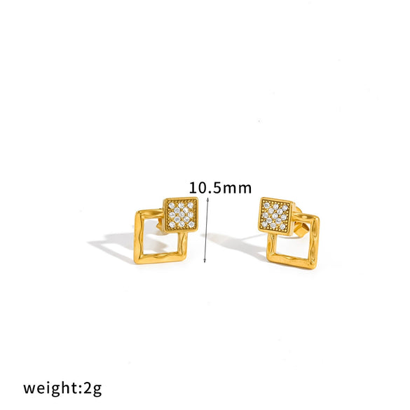 Women's Light Luxury Stainless Steel Stud Earrings With Diamond Set Heart And Geometric Drop Designs In 18K Gold Vacuum Electroplated Finish