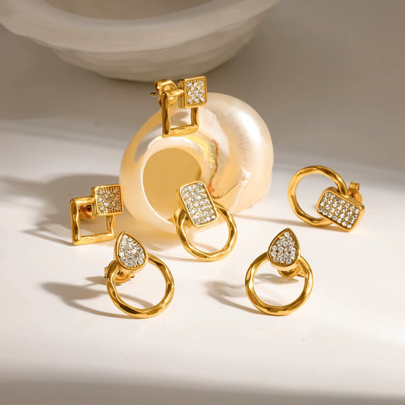 Women's Light Luxury Stainless Steel Stud Earrings With Diamond Set Heart And Geometric Drop Designs In 18K Gold Vacuum Electroplated Finish