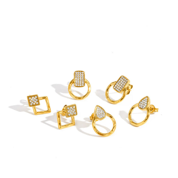 Women's Light Luxury Stainless Steel Stud Earrings With Diamond Set Heart And Geometric Drop Designs In 18K Gold Vacuum Electroplated Finish