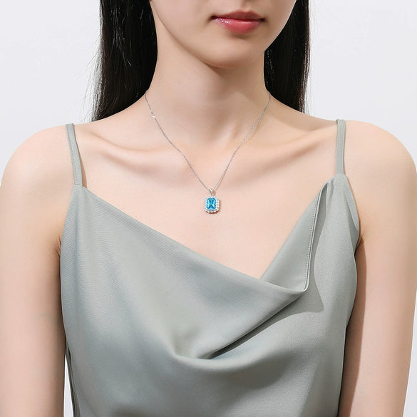 Women's Light Luxury 925 Sterling Silver Aquamarine Geometric Pattern Diamond Cultivation Cross Chain Necklace