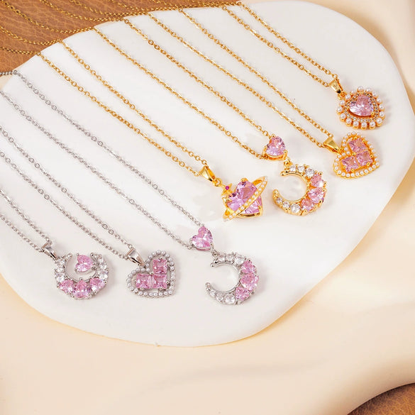 Women's Light Luxury Style Heart Shape Copper Necklace With Mixed Gemstone Setting And Electroplating O Chain