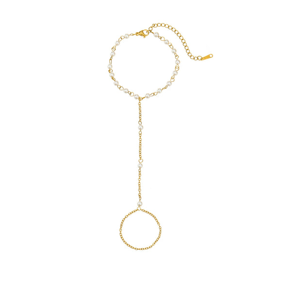 Women's Light Luxury Style Stainless Steel And 18K Gold Hand Jewelry With Pearl Bracelet And Finger Chain Integrated