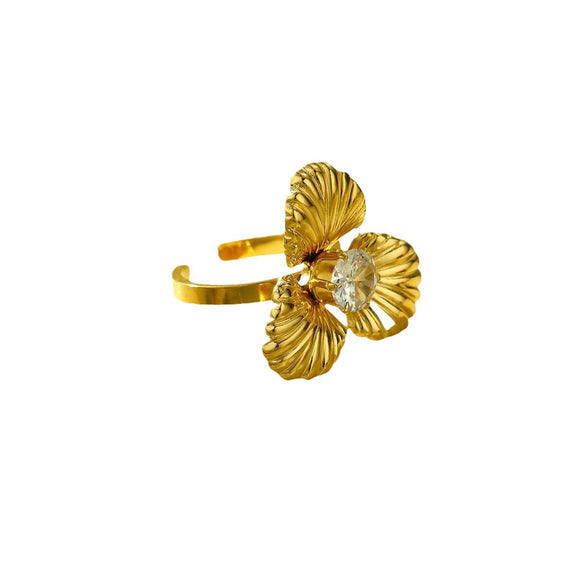Women's Light Luxury Threedimensional Flower Design Diamondencrusted Stainless Steel Open Ring With Electroplating