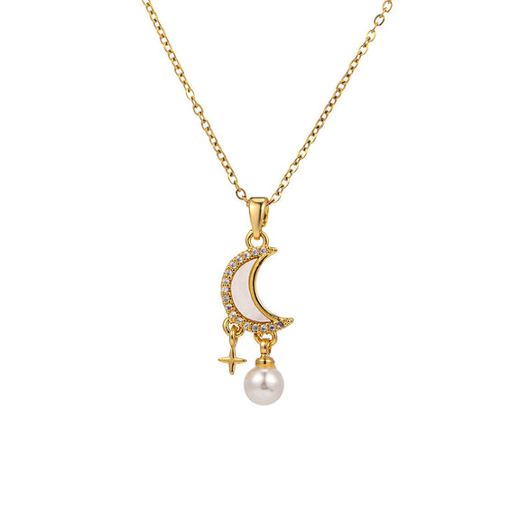 Women's Light Luxury Titanium Steel And Copper Moon Star Pendant Tassel Clavicle Necklace With Geometric Pattern And Cross Chain