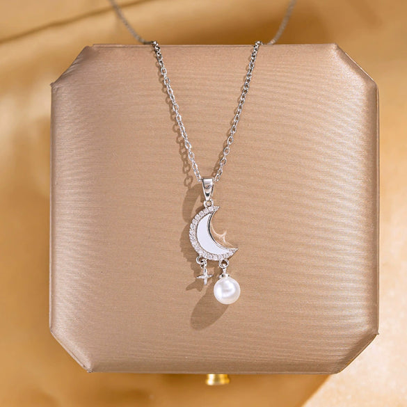 Women's Light Luxury Titanium Steel And Copper Moon Star Pendant Tassel Clavicle Necklace With Geometric Pattern And Cross Chain