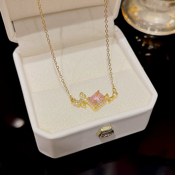 Women's Light Luxury Titanium Steel Necklace With Geometric Pattern And Inlaid Zircon Pendant On Cross Chain