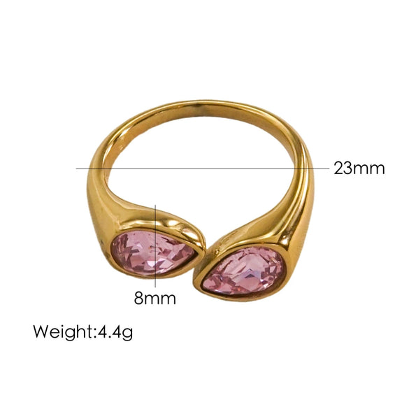 Women's Light Luxury Titanium Steel Open Dropshaped Ring With Inlaid Zircon And Geometric Pattern Vacuum Furnace Electroplated