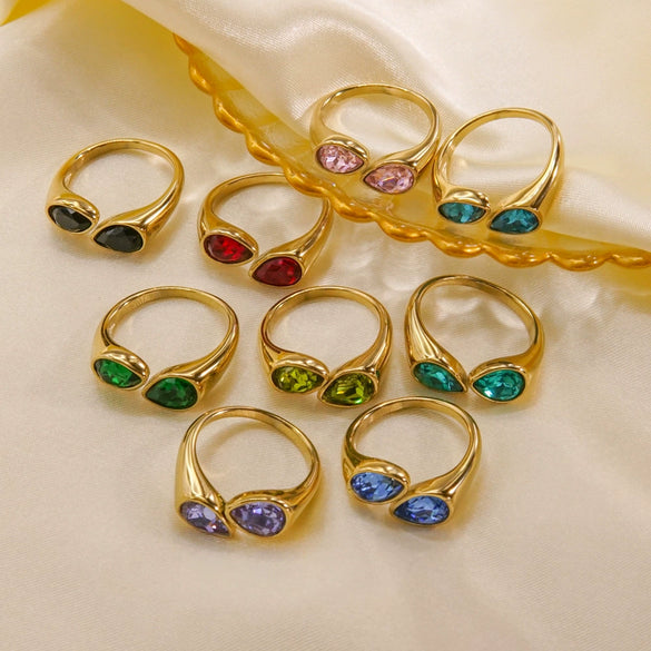 Women's Light Luxury Titanium Steel Open Dropshaped Ring With Inlaid Zircon And Geometric Pattern Vacuum Furnace Electroplated
