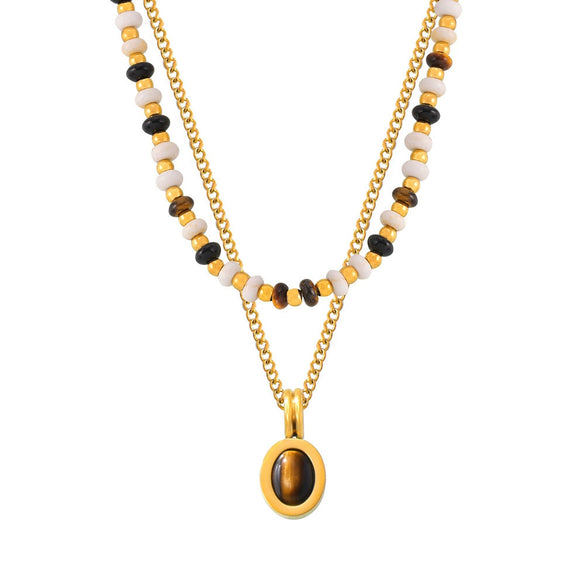 Women's Light Luxury Vintage Natural Tiger Eye Stone Oval Pendant Double Layer Overlapped Titanium Steel Clavicle Chain With Electroplating
