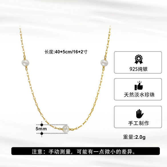 Women's Lip Chain Clavicle Chain Jewelry 925 Sterling Silver Freshwater Baroque Pearl Geometric Style Electroplating