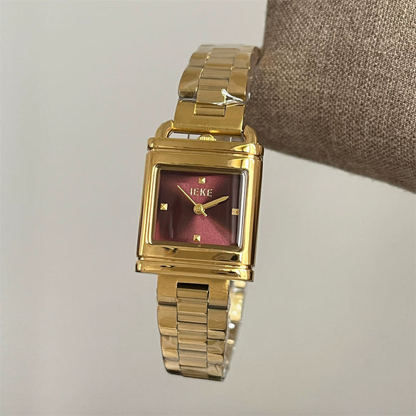 Women's Lockshaped Vintage Retro Creative Gold Quartz Watch With Square Dial Metal Case Stainless Steel Strap And Buckle