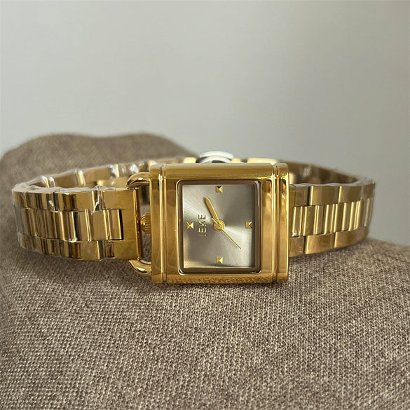 Women's Lockshaped Vintage Retro Creative Gold Quartz Watch With Square Dial Metal Case Stainless Steel Strap And Buckle