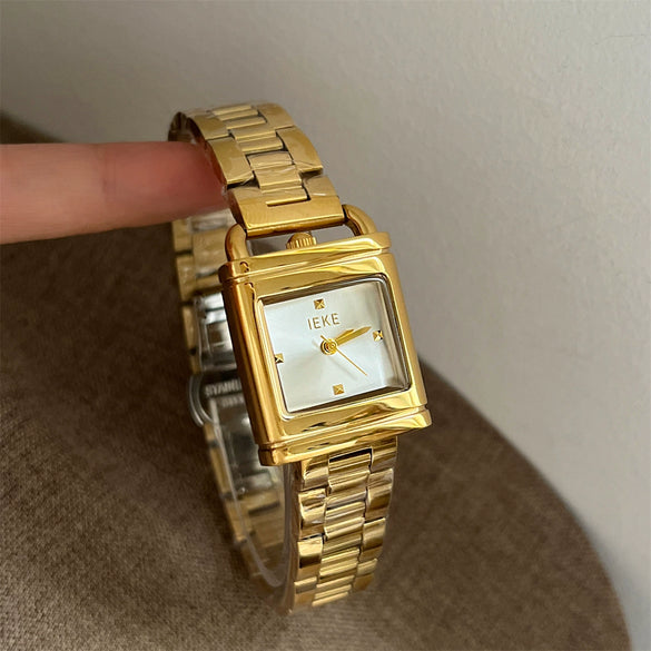 Women's Lockshaped Vintage Retro Creative Gold Quartz Watch With Square Dial Metal Case Stainless Steel Strap And Buckle