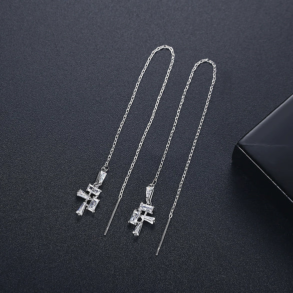 Women's Long Copper Zircon Tassel Earrings With Geometric Design And Electroplated Fashion Finish