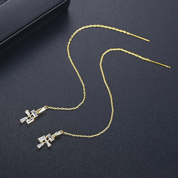 Women's Long Copper Zircon Tassel Earrings With Geometric Design And Electroplated Fashion Finish