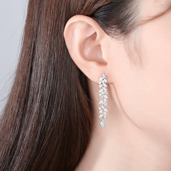 Women's Long Flower Zircon Drop Earrings Copper Floral Statement Jewelry With Elegant Personality Style For Wholesale