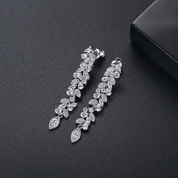 Women's Long Flower Zircon Drop Earrings Copper Floral Statement Jewelry With Elegant Personality Style For Wholesale