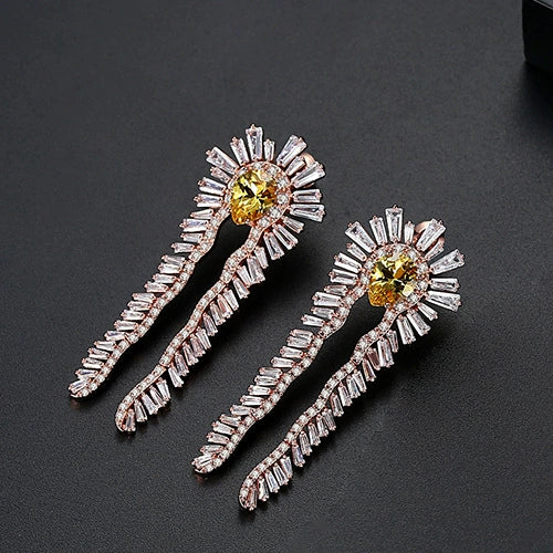 Women's Long Geometric Statement Earrings In Electroplated Copper With Zircon Inlay Fashion Jewelry Wholesale