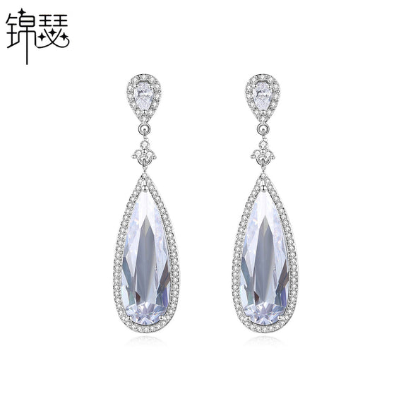 Women's Long Geometric Zircon Wedding Earrings Electroplated Copper Microinlay Dangle Earrings For Bridal Wear