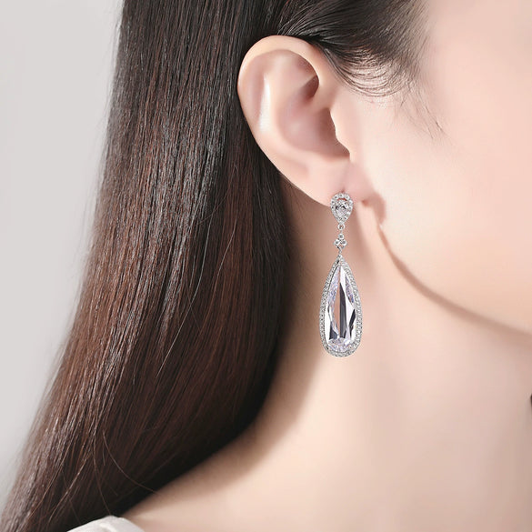 Women's Long Geometric Zircon Wedding Earrings Electroplated Copper Microinlay Dangle Earrings For Bridal Wear