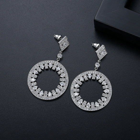 Women's Long Round Copper Zircon Drop Earrings With Electroplated Retro Statement Design