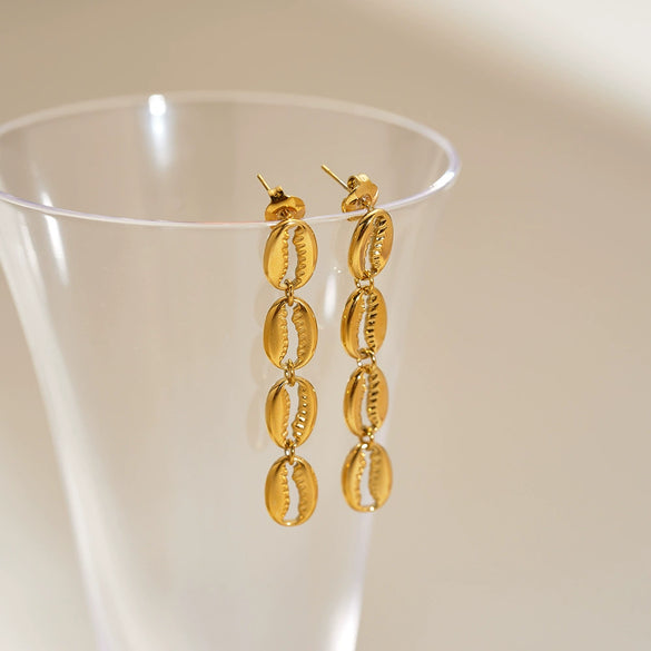 Women's Long Stainless Steel Earrings With Conch Shell Starfish Geometric Design And 18K Gold Vacuum Plated Finish