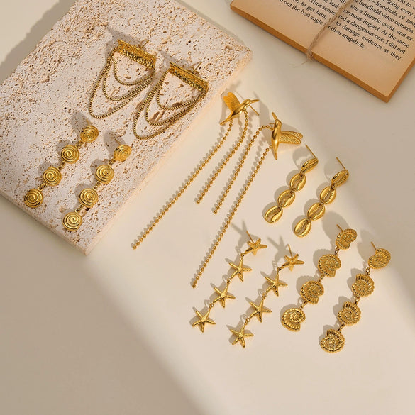 Women's Long Stainless Steel Earrings With Conch Shell Starfish Geometric Design And 18K Gold Vacuum Plated Finish