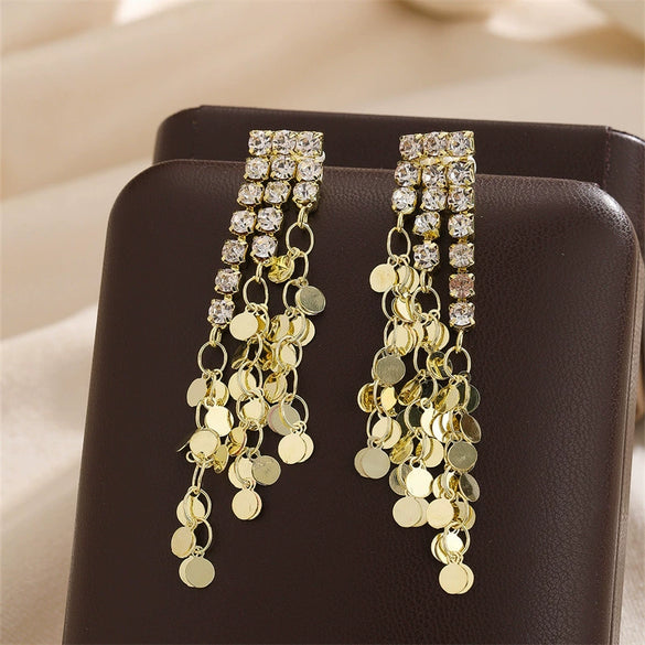 Women's Long Tassel Goldtone Sequin Zircon Drop Earrings Electroplated Exaggerated Light Luxury Statement Jewelry
