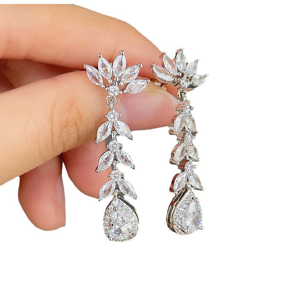 Women's Long Tassel Zircon Earrings Copper Water Drop Geometric Pearshaped