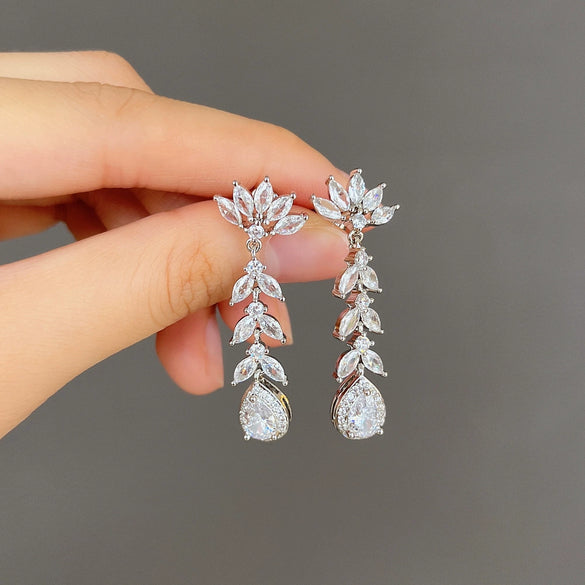 Women's Long Tassel Zircon Earrings Copper Water Drop Geometric Pearshaped