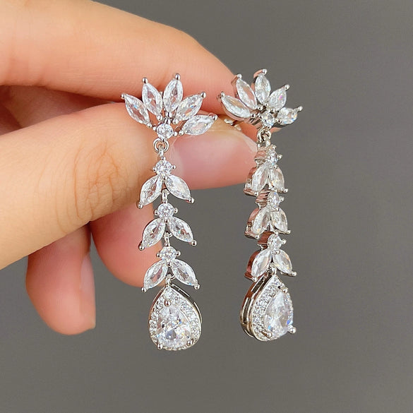 Women's Long Tassel Zircon Earrings Copper Water Drop Geometric Pearshaped