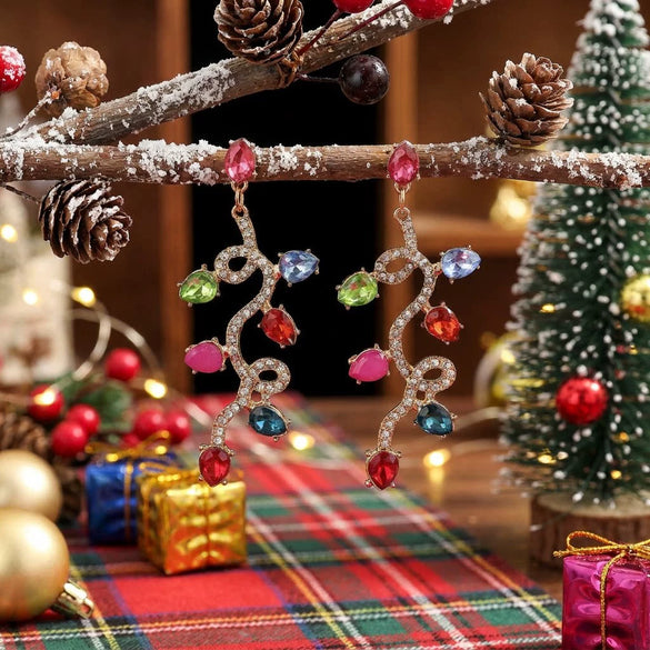 Women's Long Twisted Water Drop Christmas Earrings With Colorful Diamond Accents Exaggerated Electroplated Alloy Design And Stainless Steel Ear Posts