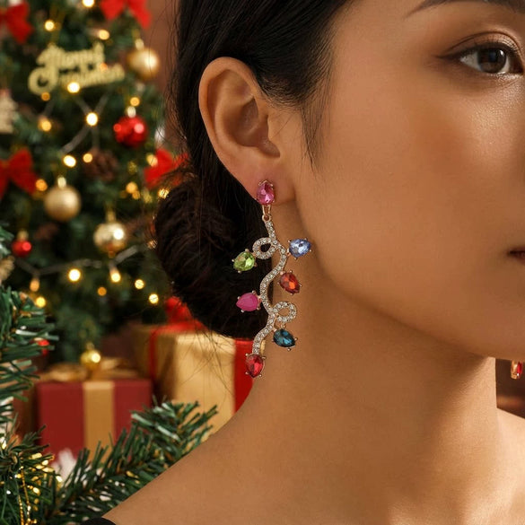 Women's Long Twisted Water Drop Christmas Earrings With Colorful Diamond Accents Exaggerated Electroplated Alloy Design And Stainless Steel Ear Posts