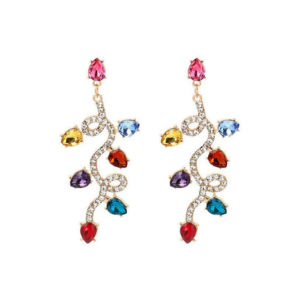 Women's Long Twisted Water Drop Christmas Earrings With Colorful Diamond Accents Exaggerated Electroplated Alloy Design And Stainless Steel Ear Posts