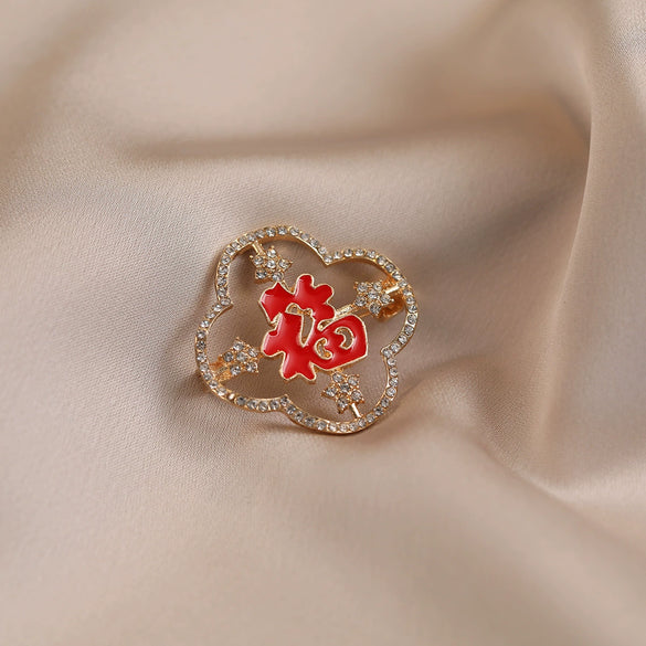 Women's Luxury Alloy Rhinestone Brooch With Fu Character And Electroplating Design